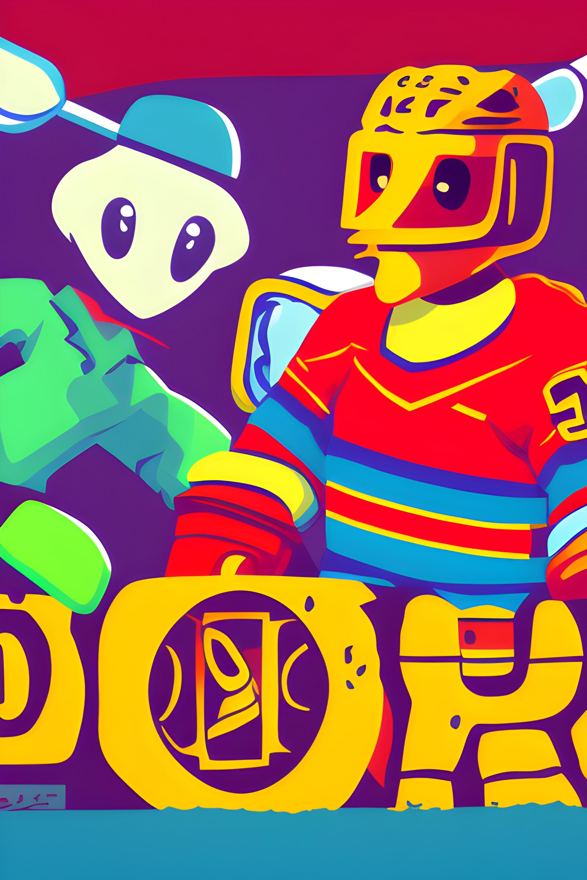 el rostro de un pato rockero y jugador de hockey, agresivo y cool. En un escenario con colores retr…